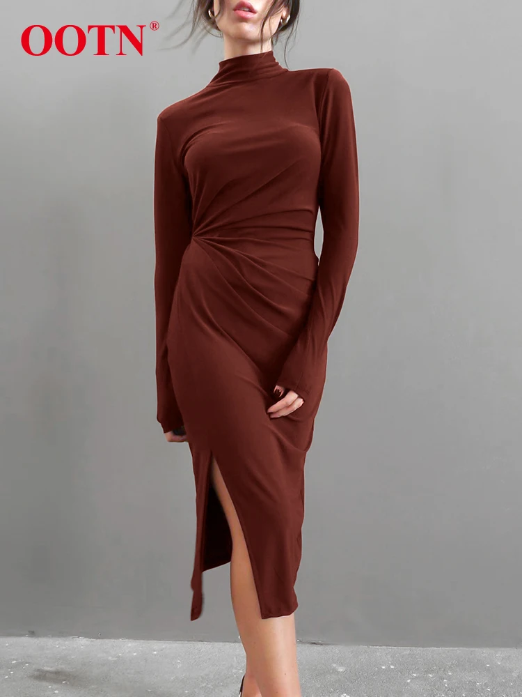 

Элегантное коричневое платье до середины икры с разрезом, женские осенние облегающие платья с длинным рукавом, модное сексуальное платье с ...