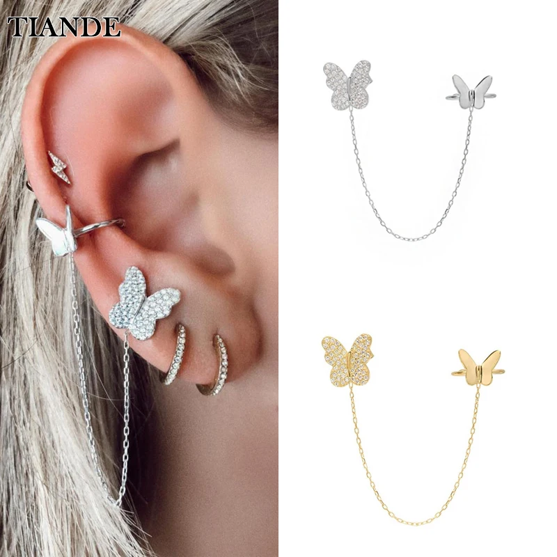 

TIANDE Silver Color Gold Plated Chain Stud Earrings for Women Zircon Piercing Butterfly Earrings 2022 Fashion Jewelry Wholesale