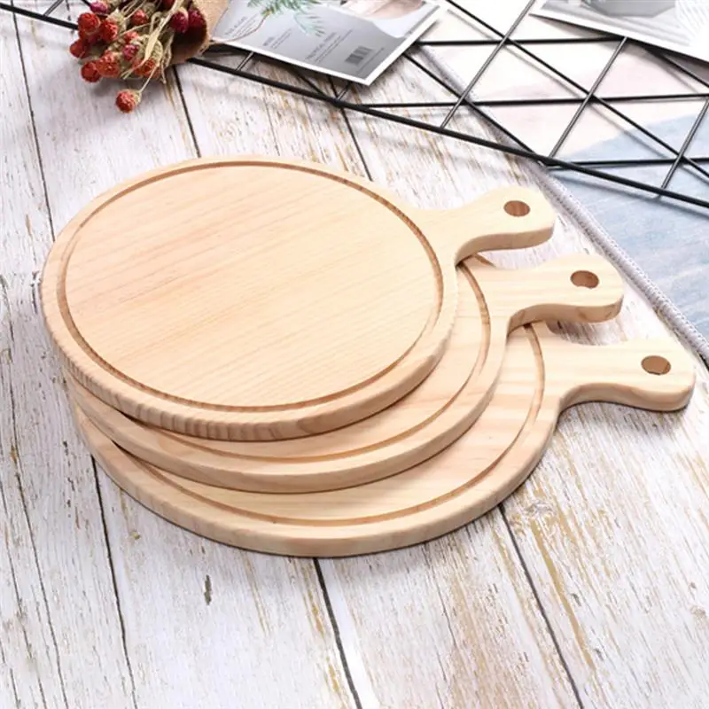 

1pc Wood Round Pizza Tray Steak Tray Kitchen Pizza Board Wood Paddle Wooden Pizza Peel Snack Serving Tray Kitchen Dodo pic