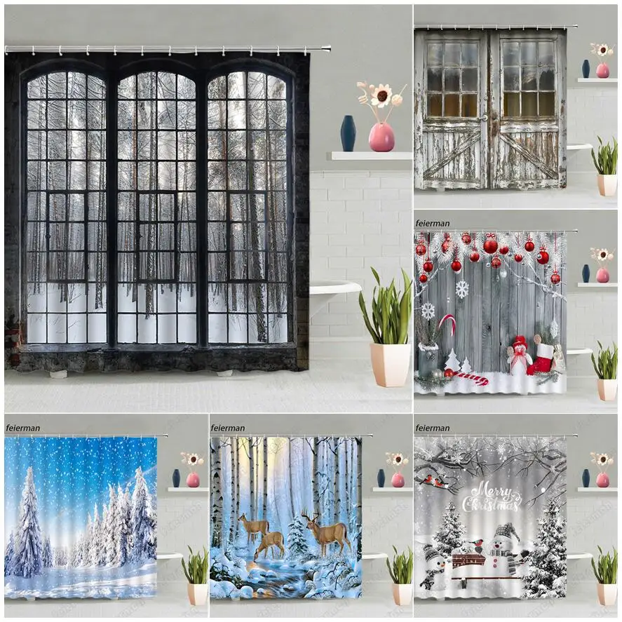 

Vintage Window Shower Curtain Retro Nature Forest Waterfall Ocean Landscape Rustic Farm Truck Bathroom Bath Curtains Decor Sets
