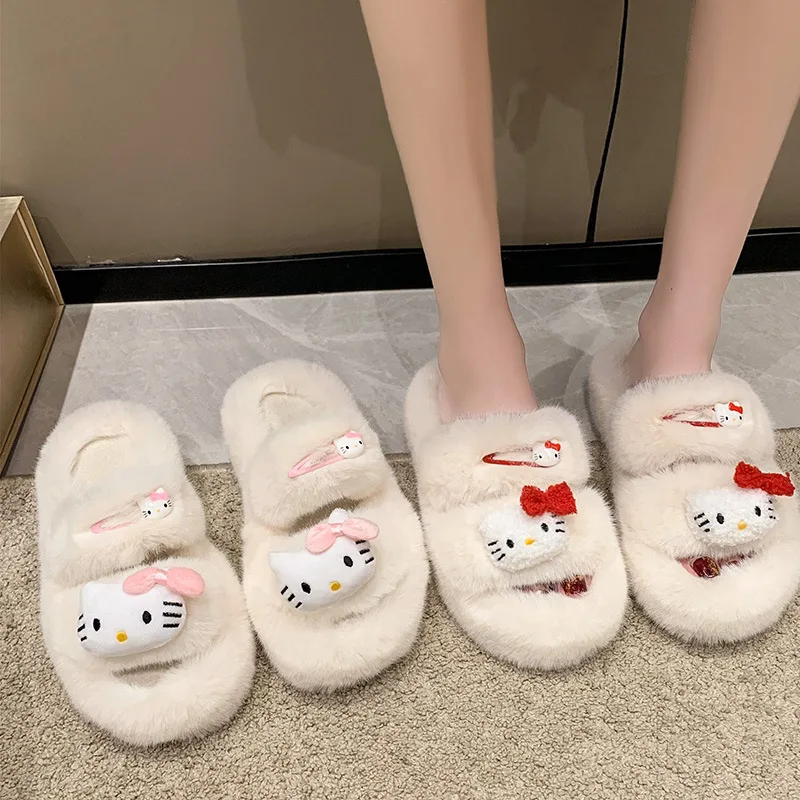

New Kawaii Anime Sanrio Slippers Hellokitty Cute Winter Furry Slippers Non-Slip Warm Home Shoes Plush Floor Shoes Girl Gift
