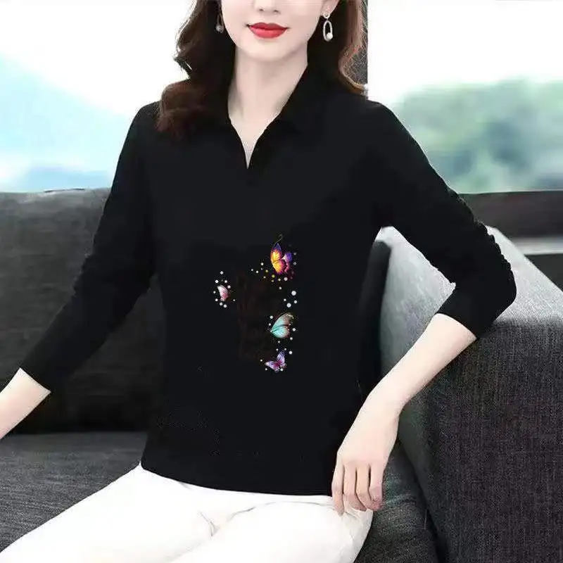 Женская хлопковая Футболка-поло с длинным рукавом и цветочным принтом