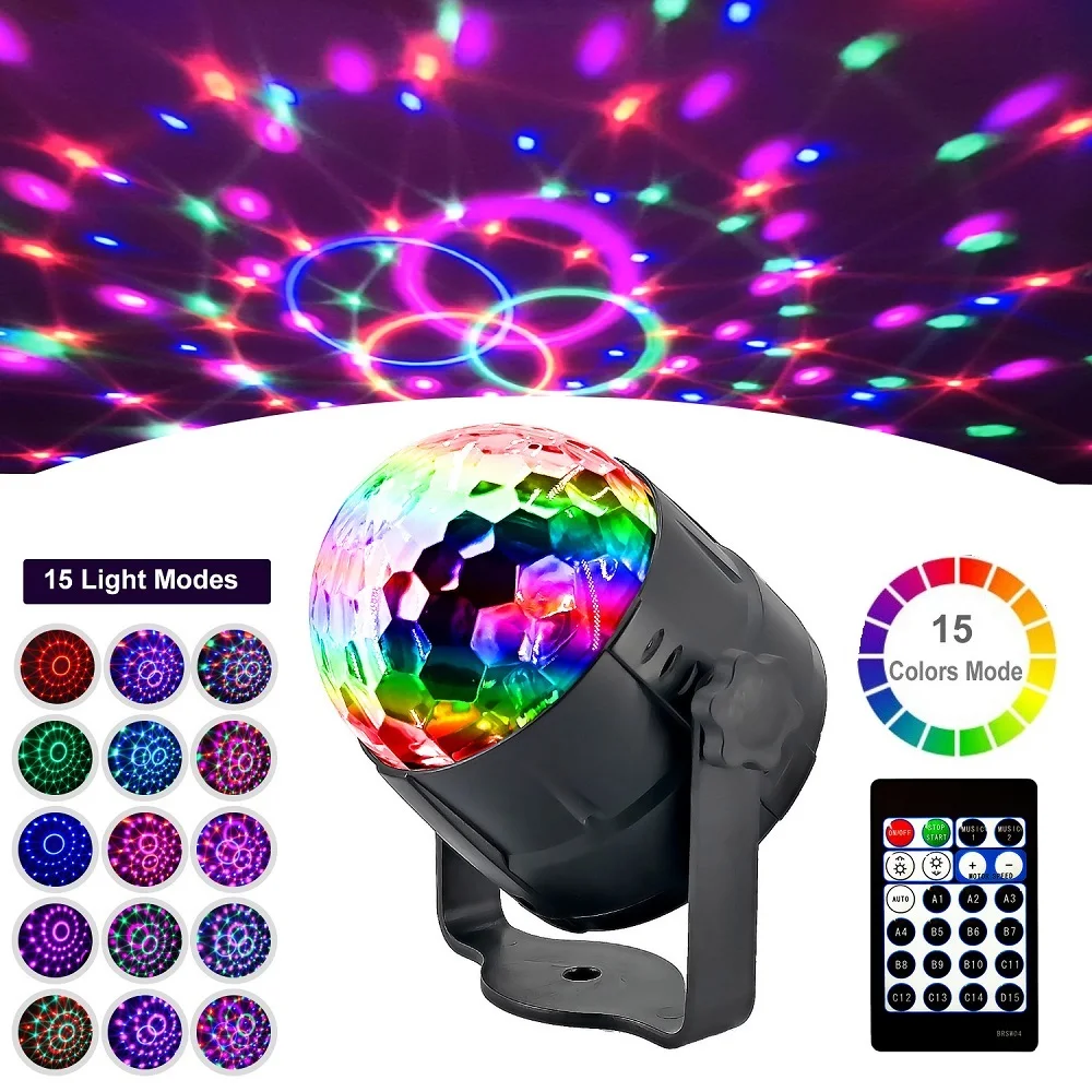 

RGB LED Disco Ball Light Rotating Sound Party Lights DJ Stage Strobe Light Nightclub Laser Projector Bar Lamp 15 Colors Dimmable