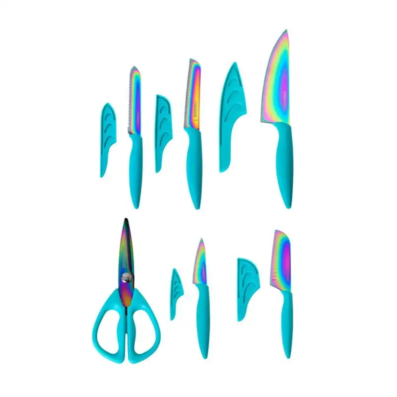 

Rainbow Iridescent Blades with Teal Handles and Sheath Cutlery Set Kitchen cutlery Stainless steel table Spoon fork knife set S
