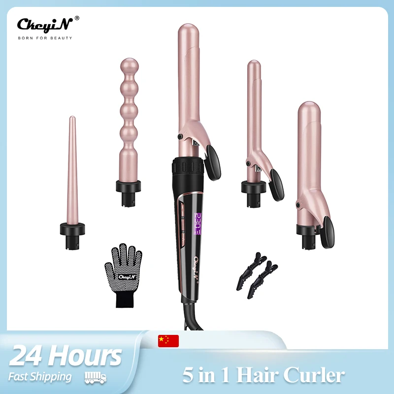 CkeyiN 5 in 1 Hair Curler Professional Ceramic Curling Iron Electric Roller Hair Styling Tools Rotating Hair Waver Curling Wand