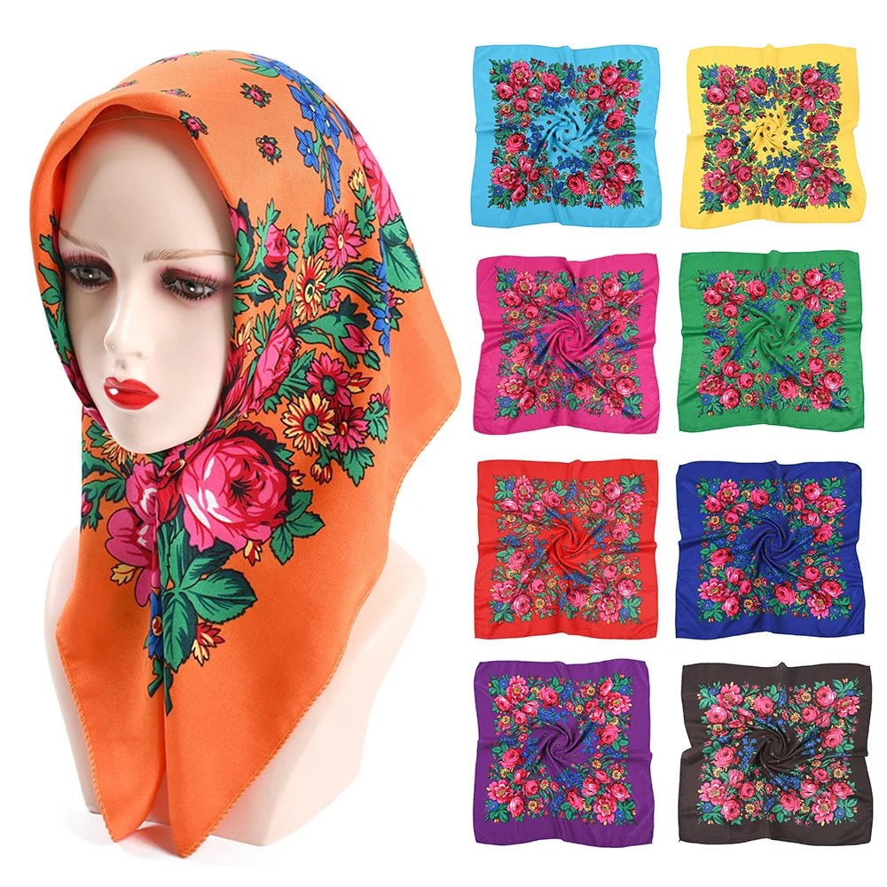 

Women Square National Scarf 70*70cm Russian Retro Floral Print Head Scarves Boho Bandana Foulard Femme Muslim Headwrap Beach