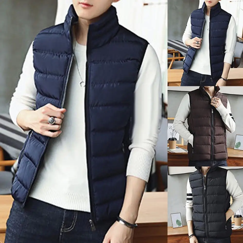 

Men Vest Plaid Stand Collar Solid Color Cotton Plus Size Zipper Pocket Warm Waistcoat Casual Jackets Loose Coats Autumn Winter