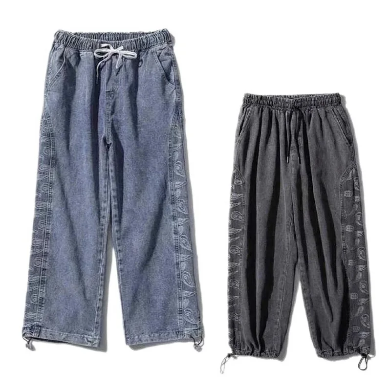 Cashew Pattern Jeans Men's Loose Straight Pants Elastic Waist Drawstring Denim TrousersCashew Pattern Jeans Men's Loose Straight