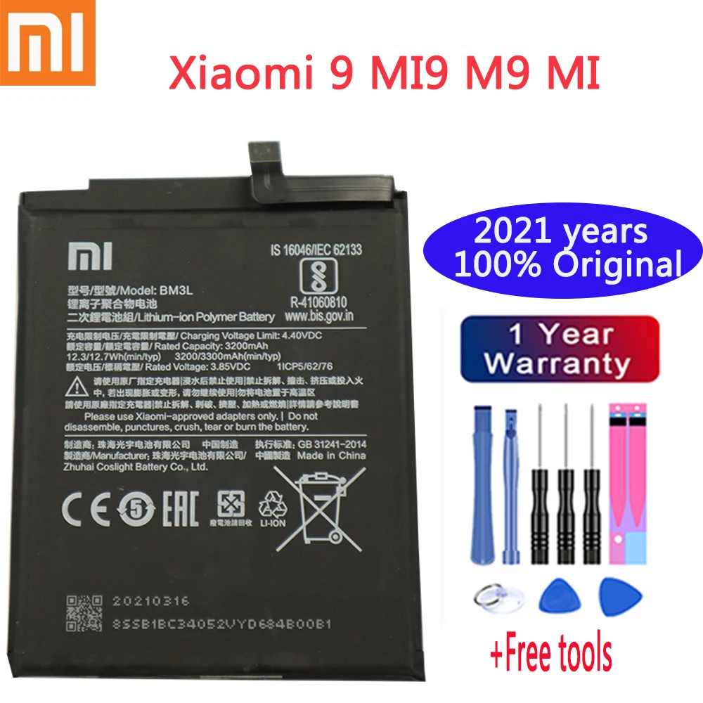 

New 100% Xiaomi Original Phone Battery BM3L 3300mah Battery for Xiaomi 9 MI9 M9 MI 9 Replacement Batteries with free tools