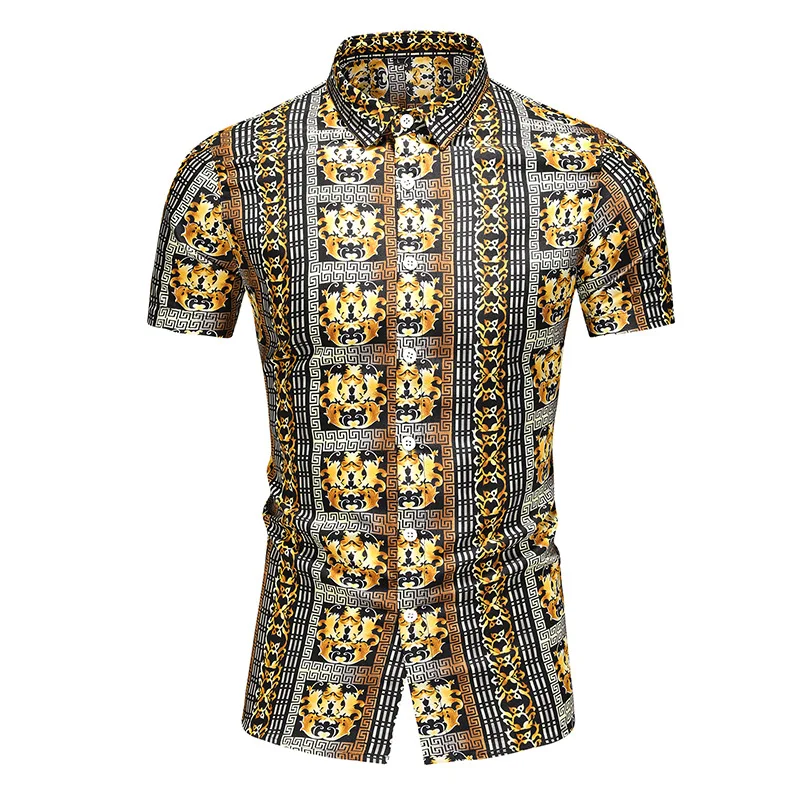 

Men New Stylish Gold Printed Luxury Dress Shirts Summer Breathable Short Sleeve Clothing Prom Fashion Daily Casual Shirts Hombre