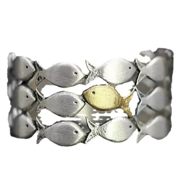 Artistic Retro Little Goldfish Layered Ring Adjustable Cute Fish Open Two Tone Ocean Animal Jewelry Gift for Women Men