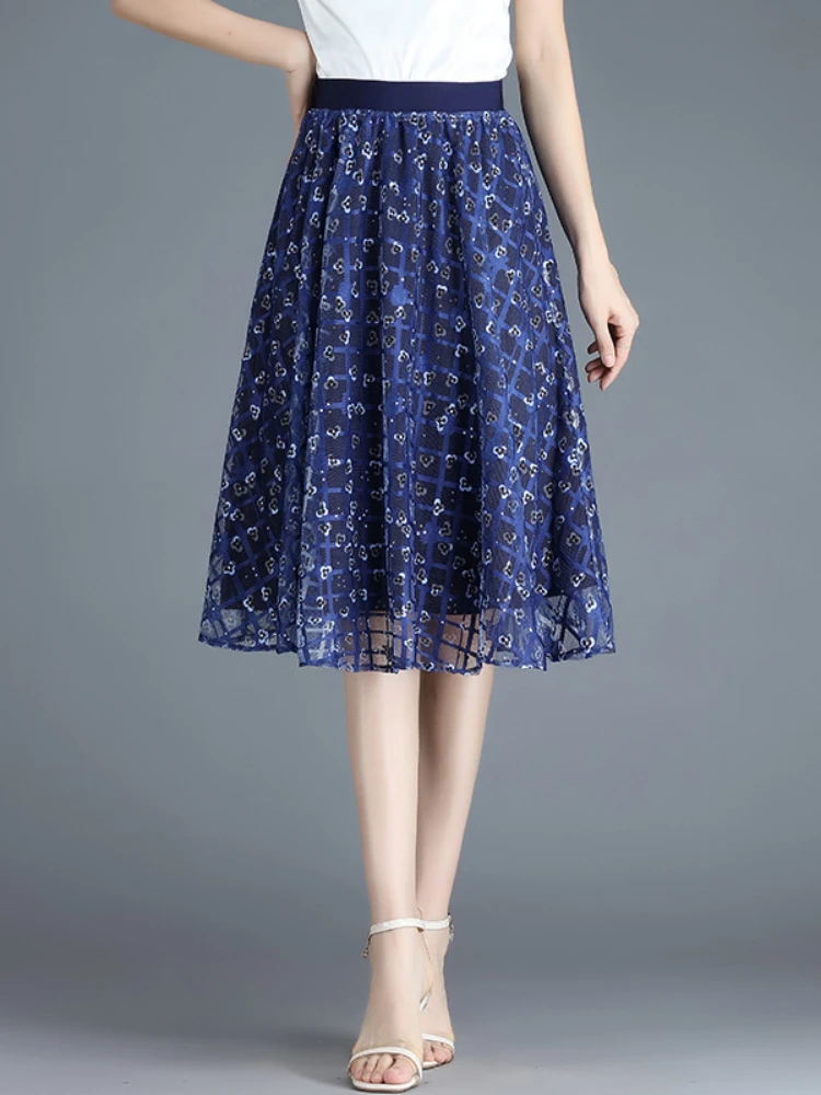

Plaid Print A-line Mesh Skirt Women 2022 Summer Elegant Loose Casual Korean Office Lady High Waist Mid-long Skirts M-4XL M029