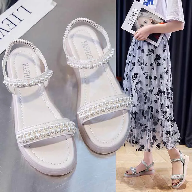 

2022 Fairy Women Summer Sandals Thick Sole Flat Rhinestone Pearl Women Gladiator Sandals Open Toe Lady Beach Sandal Size 35-40