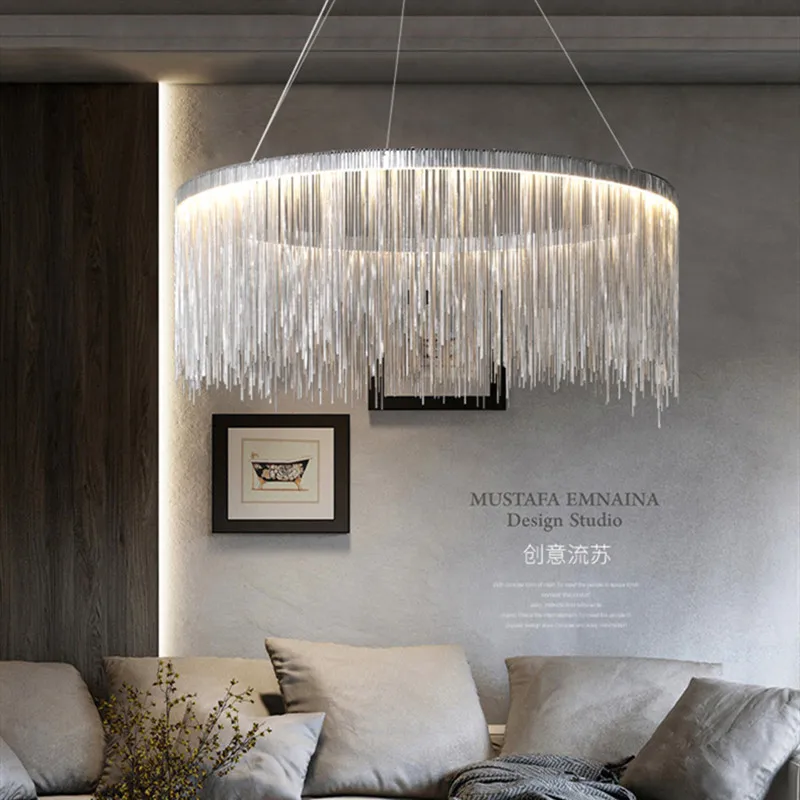 

Nordic Creative Bedroom Dining room Cloth Store Tassel Chain Light Fixtures Postmodern Style Living Room Chain Led Chandelier