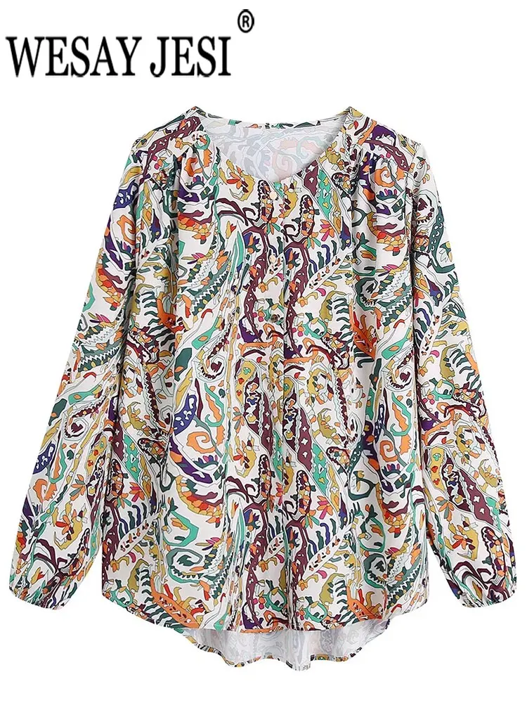 

WESAY JESI Fashion Women Printed Casual Shirts Round Neck Single Breasted Long Sleeves Loose Vintage Elegant Blouse Ladies Tops