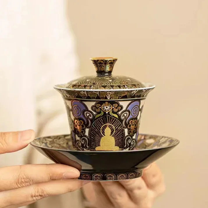 Chen Desheng Черный Тханка ручной работы Dunhuang и серебряный набор Wrong Gaiwan Персональный