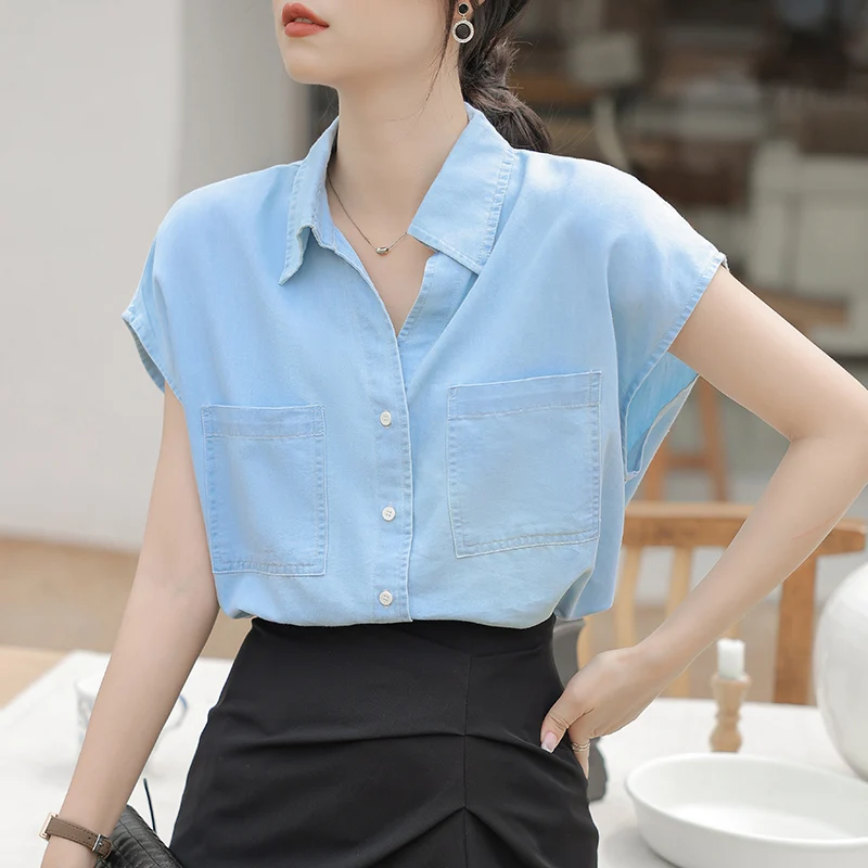 

2023 Summer Women Retro Denim Short Sleep Shirts Female Light And Thin Top Commuting Casual Blouse Ac050
