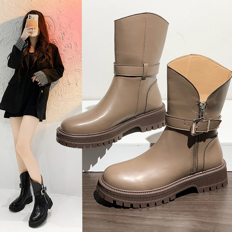 Round Head Square Heel Mid Tube Women's Casual Ankle Boots 2022 Autumn New Fashion Platform Buckle Zipper Women's Chelsea Boots