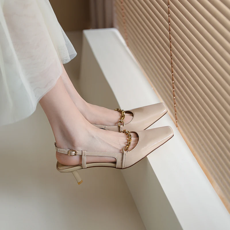 

Real Leather Chain Decoration Slingbacks Women Sandals Buckle Thin High Heels Shoes for Woman Square Toe Ladies Party Shoes