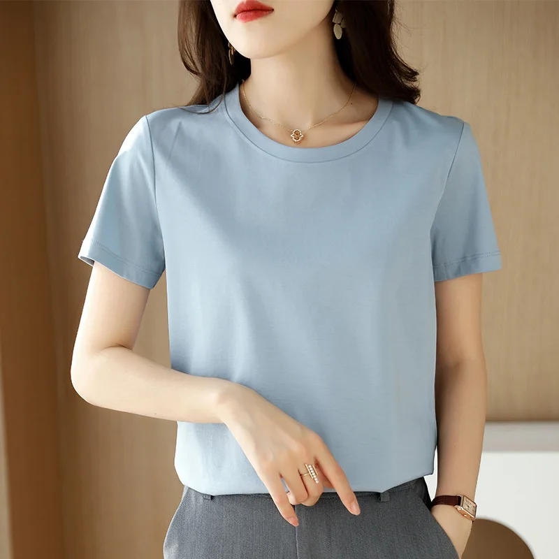 

T-shirt Top Women's Solid Color Double-sided Mercerized Cotton Short-sleeved Summer Slim Pure Cotton Round Neck Casual Top