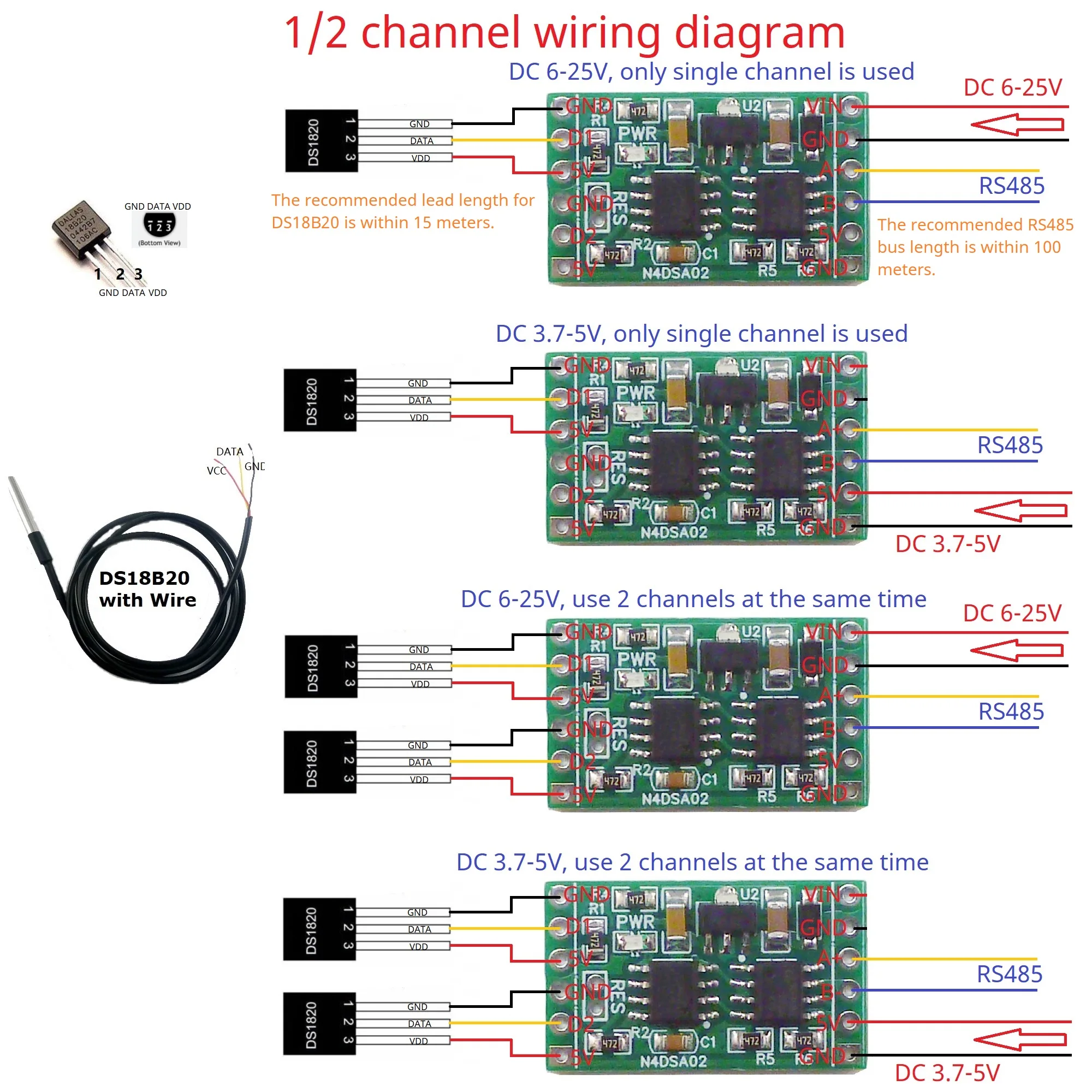 Фото 2-канальный модуль датчика температуры Modbus от -55 до +125°C DS18B20 с платой адаптера RS485 для ПЛК, безбумажного регистратора и термостатического управления. №4