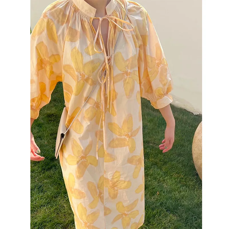 

Yellow Color Floral Printed Women Loose Dress Spring Summer Lace Up Ruched Folds Beach Holiday Daily Dresses Vestidos