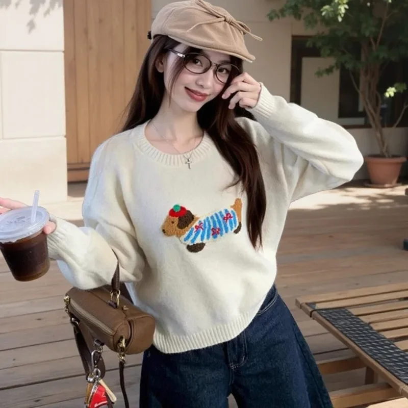 Kimotimo Kawaii мультяшный жаккардовый свитер женский осенне-зимний пуловер с круглым