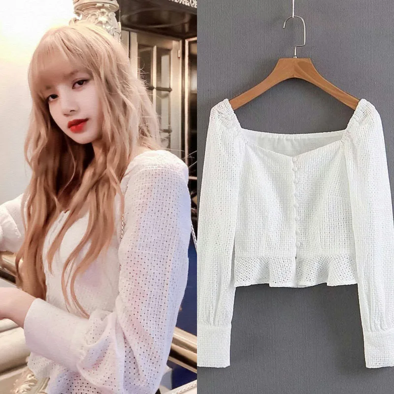 

kpop LISA Korean 2022 Summer Women White Shirts Kawaii Lace Blouses Button Up Female Sweet Puff Sleeve Cardigan Shirt Slim Tops
