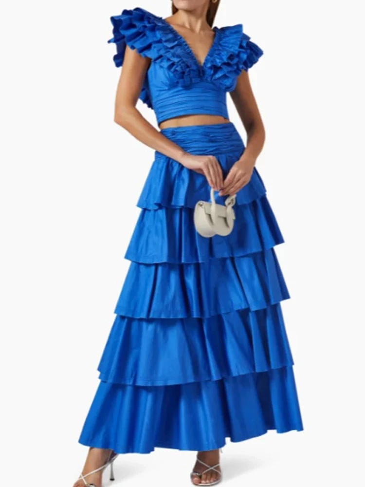 Женский летний костюм-двойка элегантный однотонный топ с V-образным вырезом и