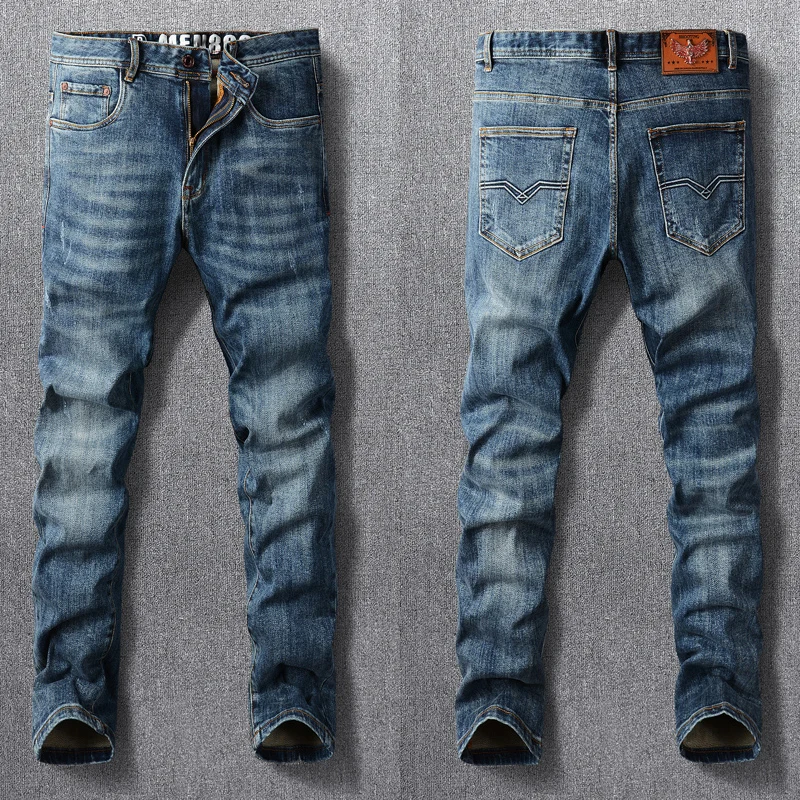 

Newly Fashion Designer Men Jeans Retro Blue Elastic Slim Printed Jeans Men Vintage Casual Denim Pants Hombre Classical Trousers