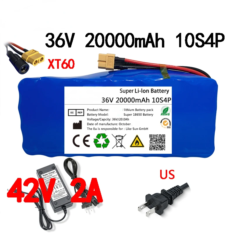 

100% Original 36V Battery 10S4P 20Ah Battery Pack 500W High Power Battery 42V 20000mAh Ebike Electric Bike BMS+42V2A Charger