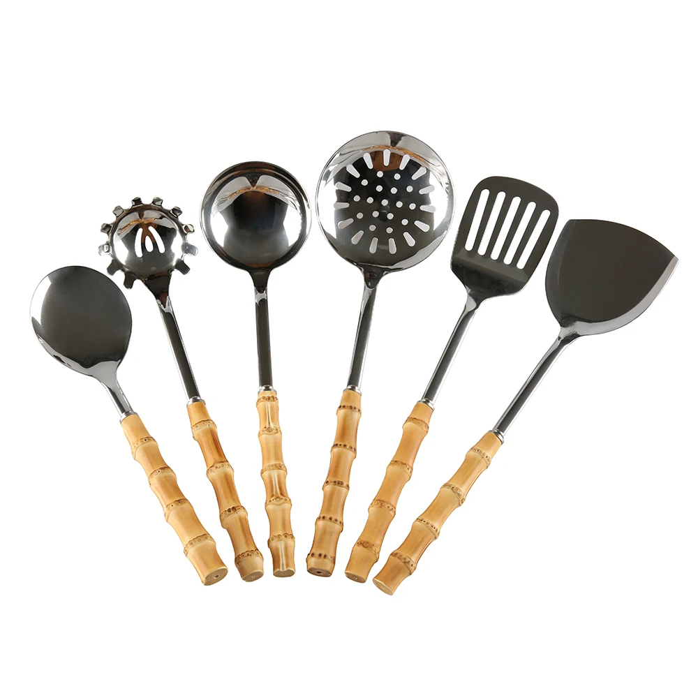 6PCS Stainless Steel Basting Brush Whisk Tong Turner Spatula Scoop Ladle Soup Serving Spoon Bamboo Root Silicone Kitchenware - купить по
