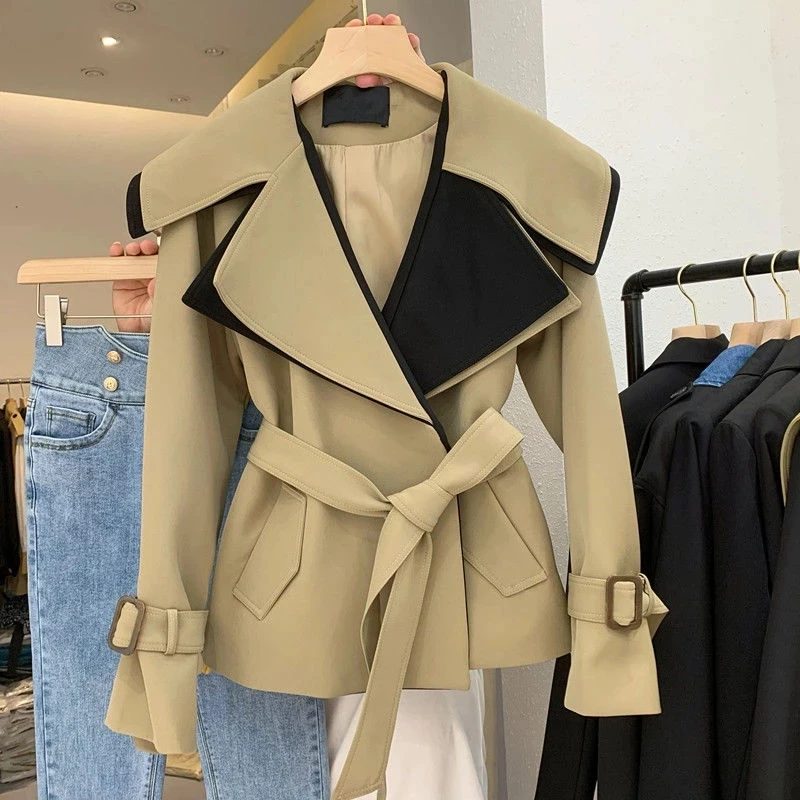 2022 Spring Autumn Women Vintage Trench Coats New Lapel Long Sleeve Loose Windbreaker with Belt Fashion Turn-down Collar Jacket
