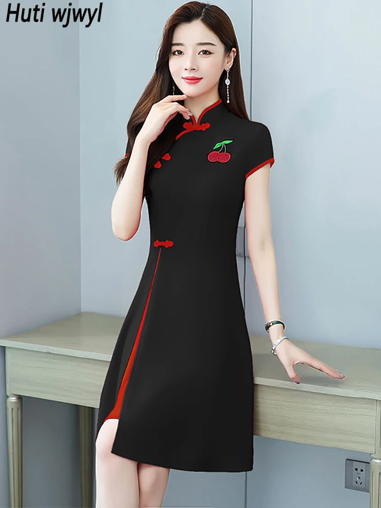 

Красное платье-Ципао средней длины в китайском стиле, летнее женское винтажное вечернее сексуальное клубное мини-платье, элегантные облега...