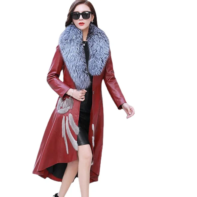 Autumn and winter new style leather coat women's long knee length Korean version slim size fox fur collar trench coat trend