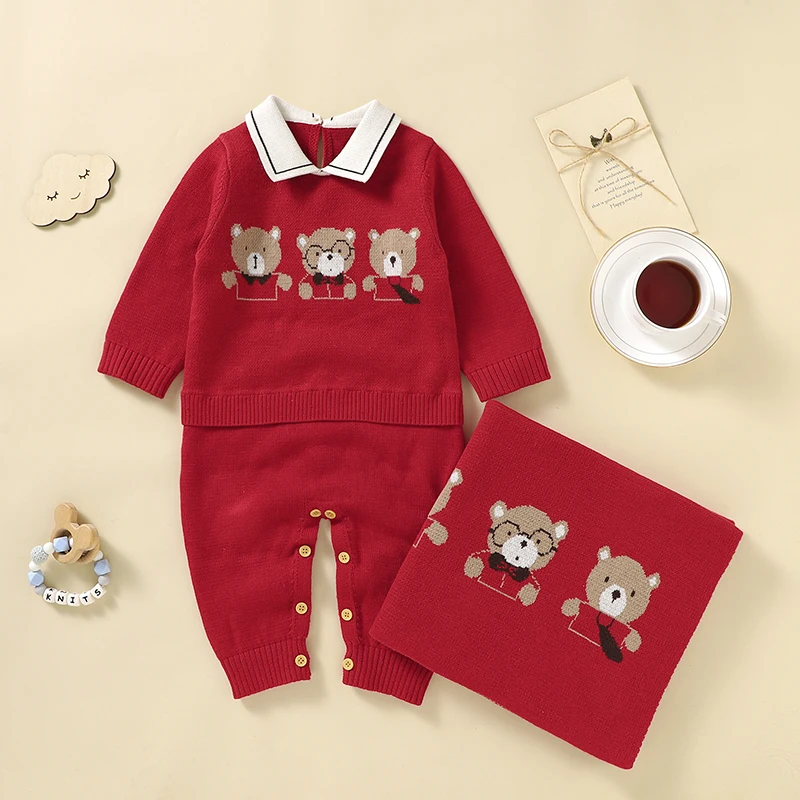 Newborn Baby Clothing Set 100%Cotton Knit Infant Girl Boy Romper +Blanket Cute Bears Toddler Long Sleeve Jumpsuit +Bedding Quilt