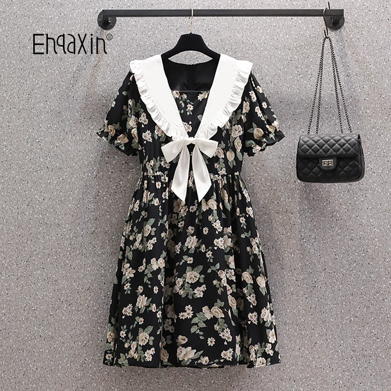 

EHQAXIN летнее Новое Женское платье 2022 Новая мода Французский темно-синий воротник бант цветочный свободный трапециевидный Пуловер Платья Женская фотография