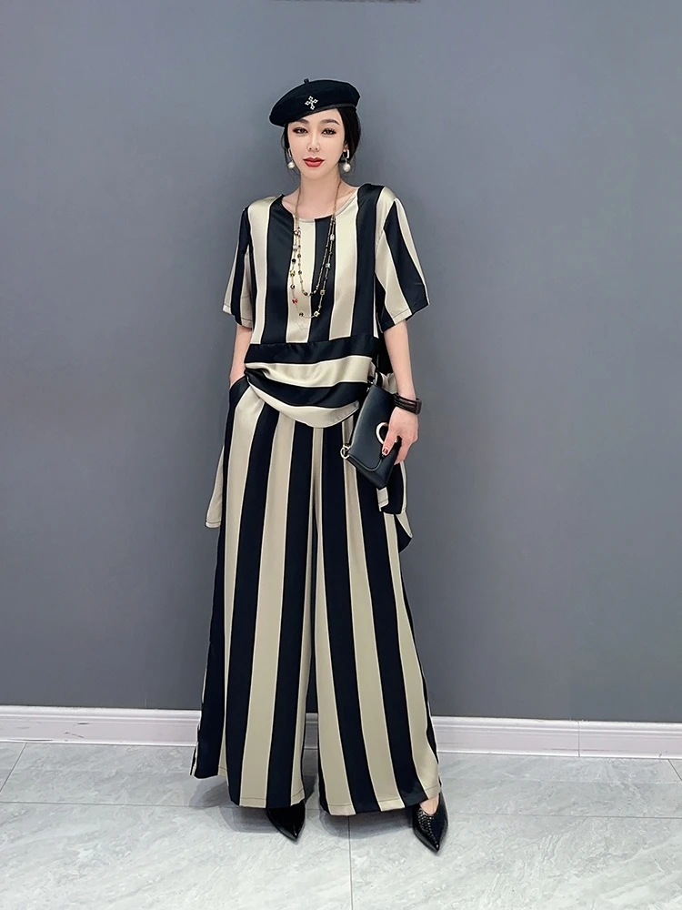 

SuperAen 2023 Spring Summer New Korean Striped Loose Shirt Casual Pants Women Two-piece Sets