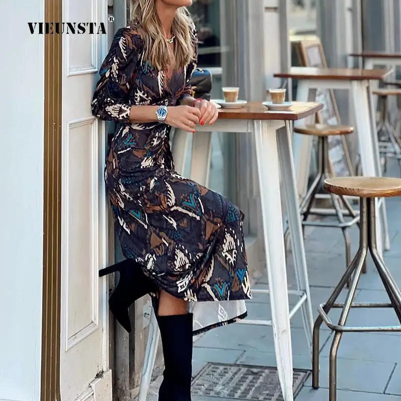 

Элегантное Плиссированное длинное платье с принтом и глубоким V-образным вырезом, модель 2023 года, женское платье для работы и вечерние Ринок...