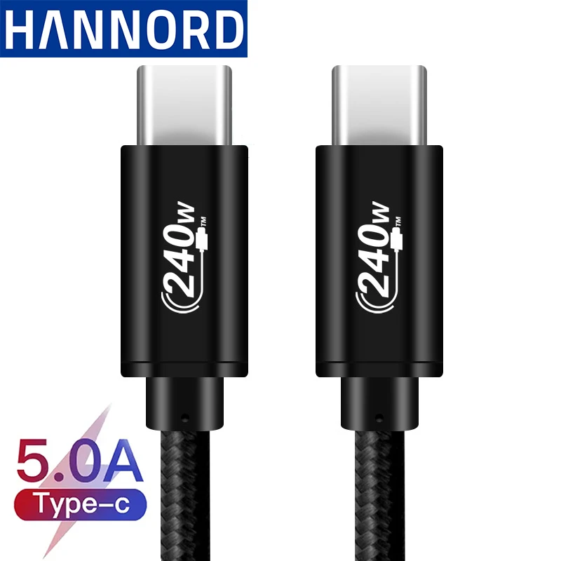 Hannord нейлоновый Плетеный 48 В 5A 240 Вт PD зарядный кабель USB C к C кабель для быстрой зарядки Тип c нейлоновый плетеный кабель для синхронизации данных и зарядки