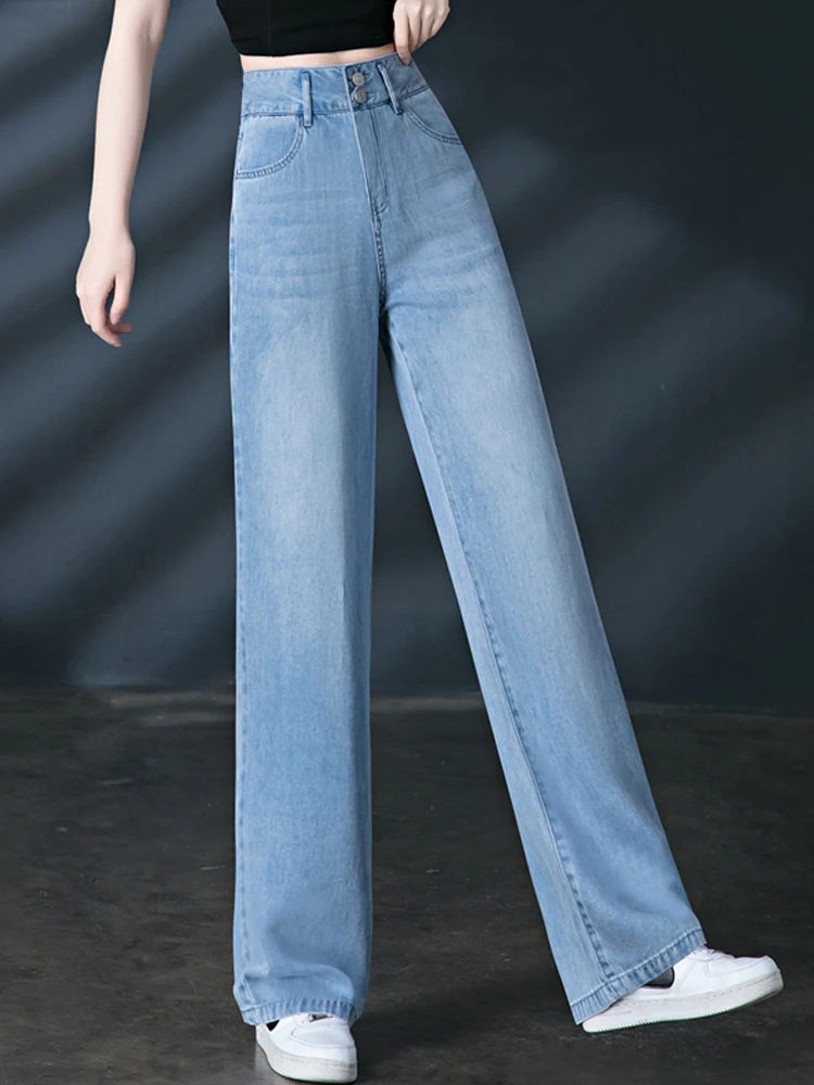 High Quality Tencel Jeans for Women 2023 Summer Thin High Waist Long Straight Leg Tall Crop Pants Small Long Pants Plus Size