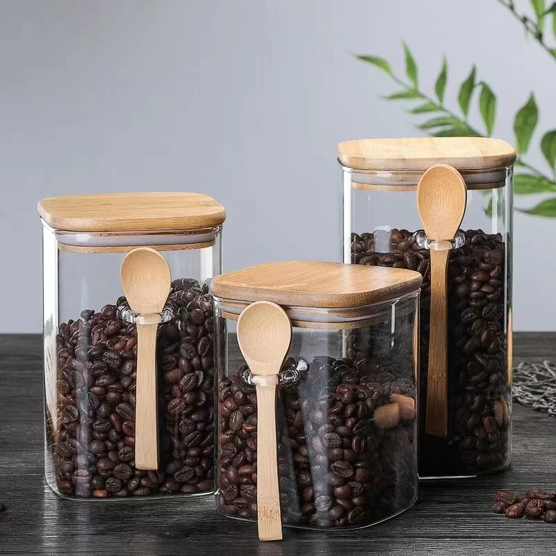 

800/1000/1200ml Sealed Jar Storage Tank with Wood Spoon Condiment Coffee Bean Tank Kitchen Supplies Sugar Storage Bottle Tea Box