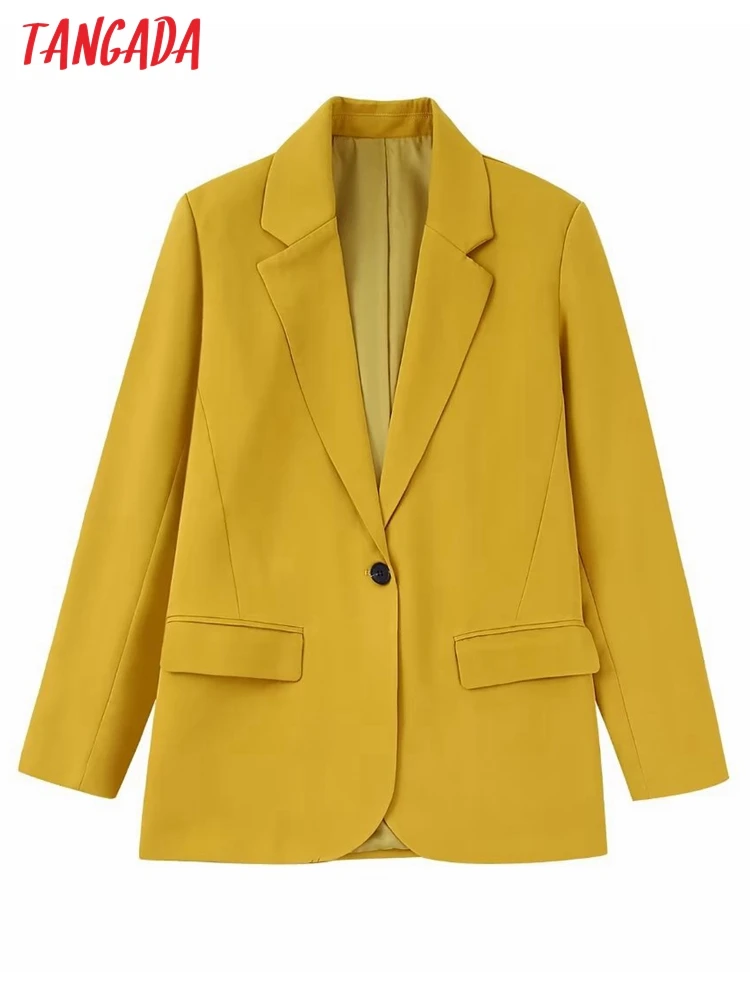

Tangada Women Fashion Button Solid Fit Blazer Coat Vintage Long Sleeve Flap Pockets Female Suit BE833