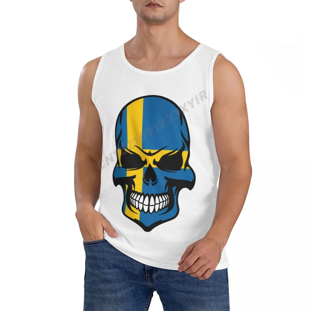

Men Tank Top Sweden Flag Cool Swedish Skull TankTop Men's Shirt 100% Cotton S-3XL O-neck Sleeveless Cool Summer