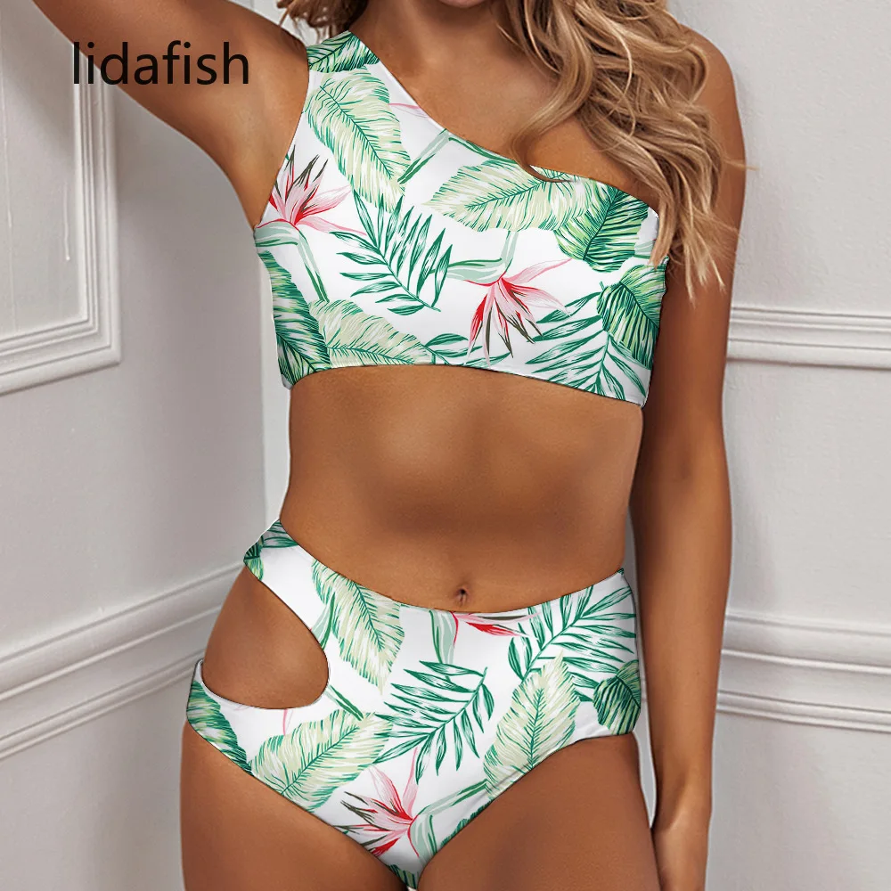 

lidafish New Leaves Print High Waist Bikini Set 2 Pieces Set Women One Shoulder Swimwear Female Push Up Bathing Suit Beachwear