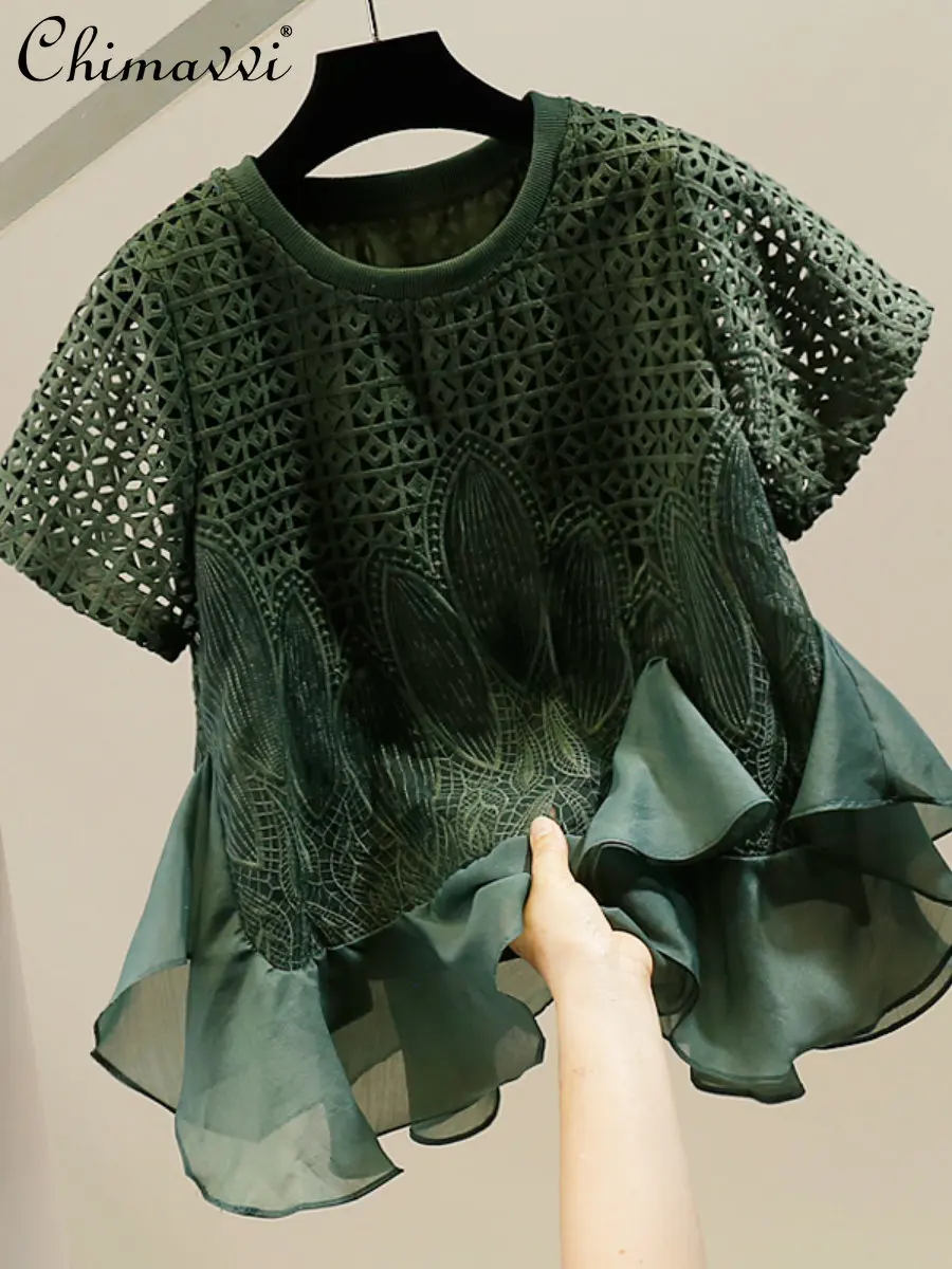 

Fashion Crocheted Hollow Water-Soluble Lace Chiffon Patchwork Ruffled Hem T-shirt Loose Short Sleeve Top Summer Casual Tshirts