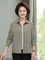 middle aged women plaid cotton shirts khaki brown checked pattern tops turn down collar pockets front design wear 2022 arrival
