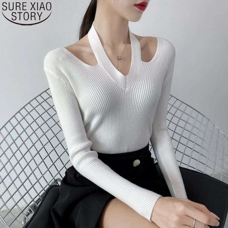 

Fashion Tops Elegant Casual Halter Neck Knitted Pullover Women Clothing Autumn Slim Solid Color Bottoming V-neck Sweater 22751
