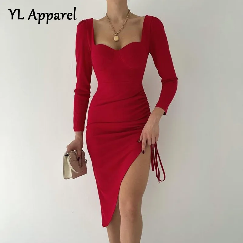 

Элегантные платья для женщин, весна 2022, Y2K, черные, красные Сексуальные облегающие вечерние платья-миди с длинным рукавом и асимметричным по...