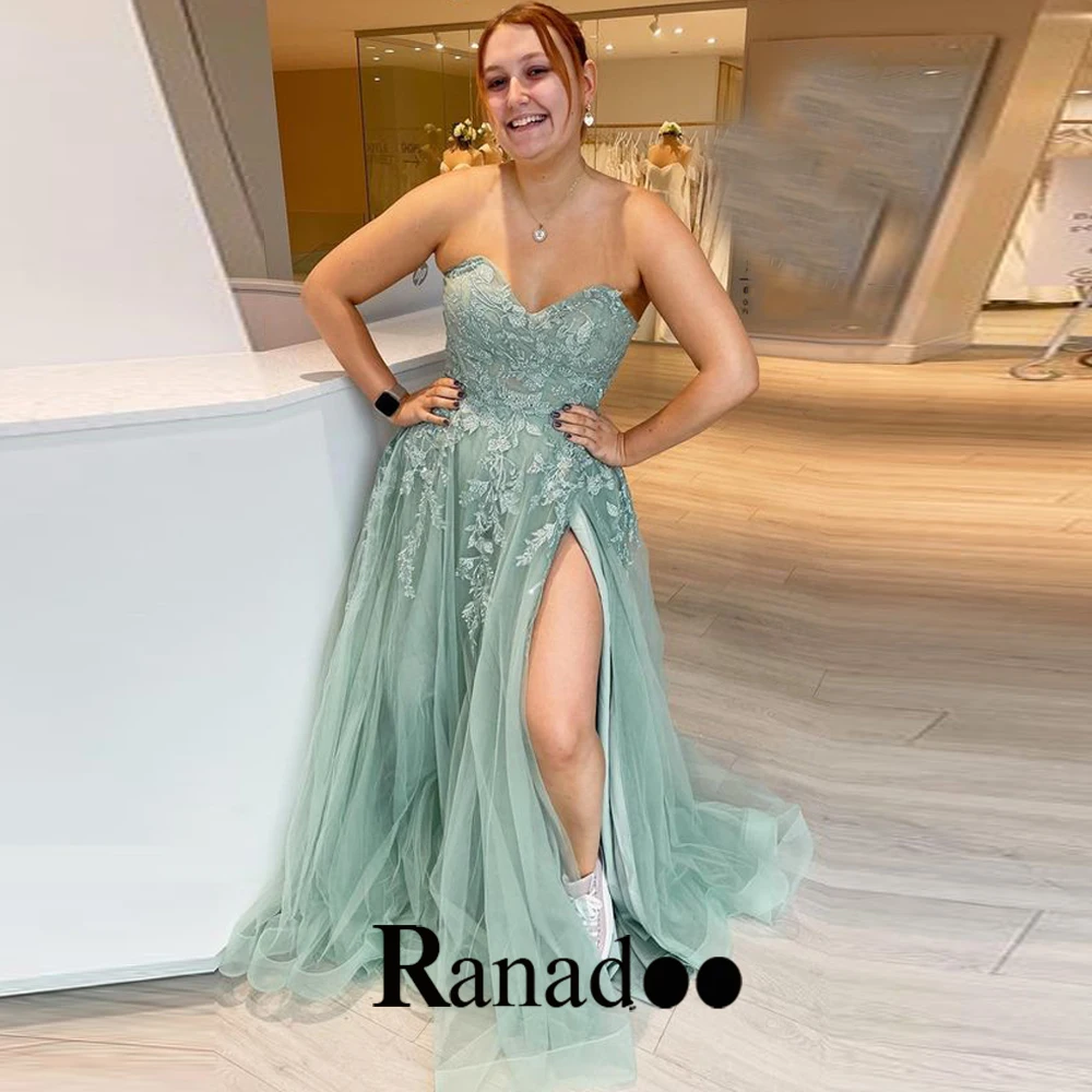 

Ranadoo A Line Slit Evening Gowns For Women Modern V Neck Sleeveless Appliques Court Train Tulle Lacing Up Valentine's Day Dress